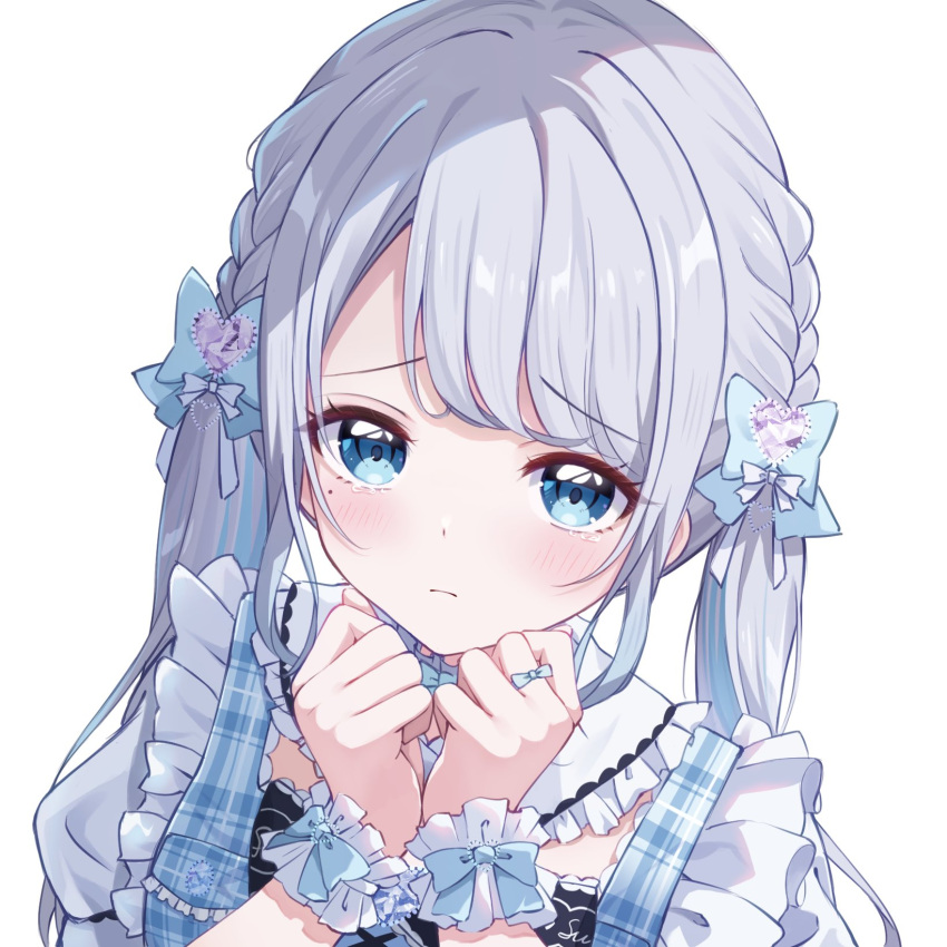 1girl blue_bow blue_eyes blue_hair blush bow closed_mouth detached_collar dot_nose frilled_shirt frills grey_hair hair_bow hands_on_own_chin highres kaga_sumire light_frown long_bangs long_hair looking_at_viewer low_twintails lupinus_virtual_games multicolored_hair own_hands_together parted_bangs portrait puffy_sleeves raised_eyebrows shinshia_(sinsia_0928) shirt sidelocks simple_background solo streaked_hair twintails virtual_youtuber vspo! white_background white_shirt white_wrist_cuffs wrist_cuffs