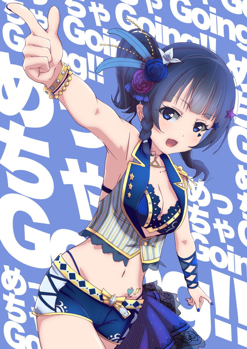 1girl :d ajapar asaka_karin blue_background blue_eyes blue_flower blue_hair blue_nails blunt_bangs body_writing braid breasts center_opening cleavage collarbone commentary_request epaulettes facial_mark flower hair_flower hair_ornament heart heart_facial_mark heart_tattoo highleg highleg_panties highres index_finger_raised jewelry looking_at_viewer love_live! love_live!_nijigasaki_high_school_idol_club meccha_going!! medium_breasts midriff mole mole_on_collarbone multiple_moles navel necklace open_mouth panties panty_straps pinstripe_pattern pinstripe_vest pointing ponytail purple_flower short_hair short_shorts shorts side_braid single_epaulette smile solo song_name star_(symbol) star_hair_ornament stomach string_panties striped_clothes striped_vest tattoo text_background triangle underwear v-shaped_eyebrows vertical-striped_clothes vertical-striped_vest vest