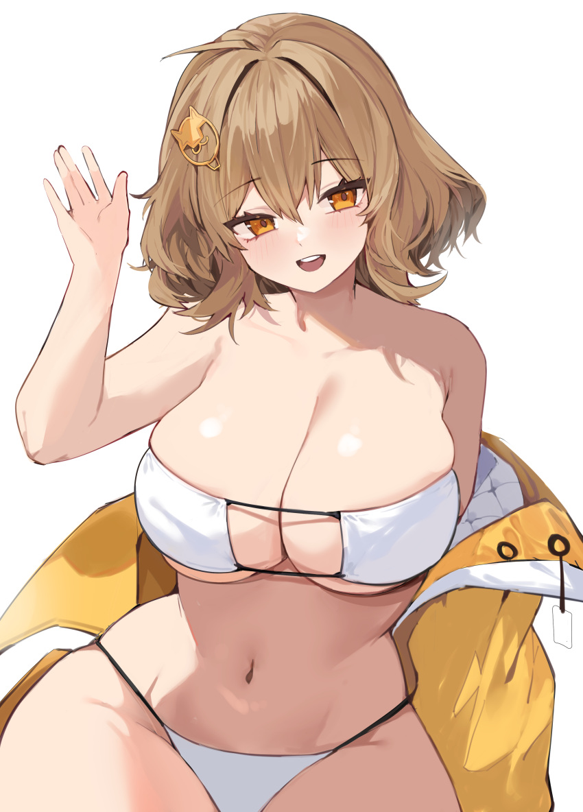 1girl absurdres ahoge anis_(nikke) anis_(sparkling_summer)_(nikke) bare_shoulders bikini breasts brown_hair cleavage eyepatch_bikini goddess_of_victory:_nikke highres jacket jewelry large_breasts looking_at_viewer mindoll navel official_alternate_costume short_hair smile solo sunglasses swimsuit thighs white_background white_bikini yellow_jacket