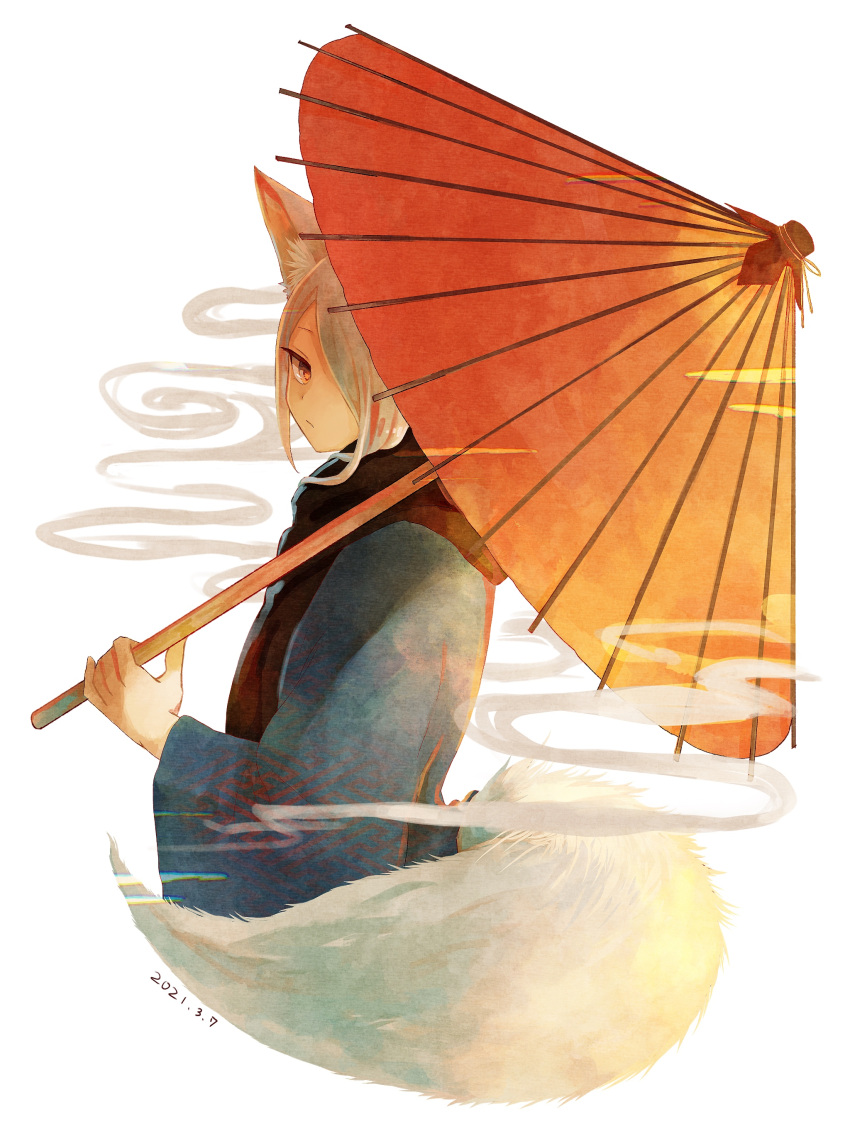 1girl absurdres animal_ears black_scarf blue_kimono dated facing_to_the_side fox_ears fox_tail hair_over_one_eye highres holding holding_umbrella japanese_clothes kimono long_hair looking_at_viewer oil-paper_umbrella orange_eyes orange_umbrella original sanshichi_fu scarf simple_background smoke_trail solo tail umbrella upper_body white_background white_hair white_tail