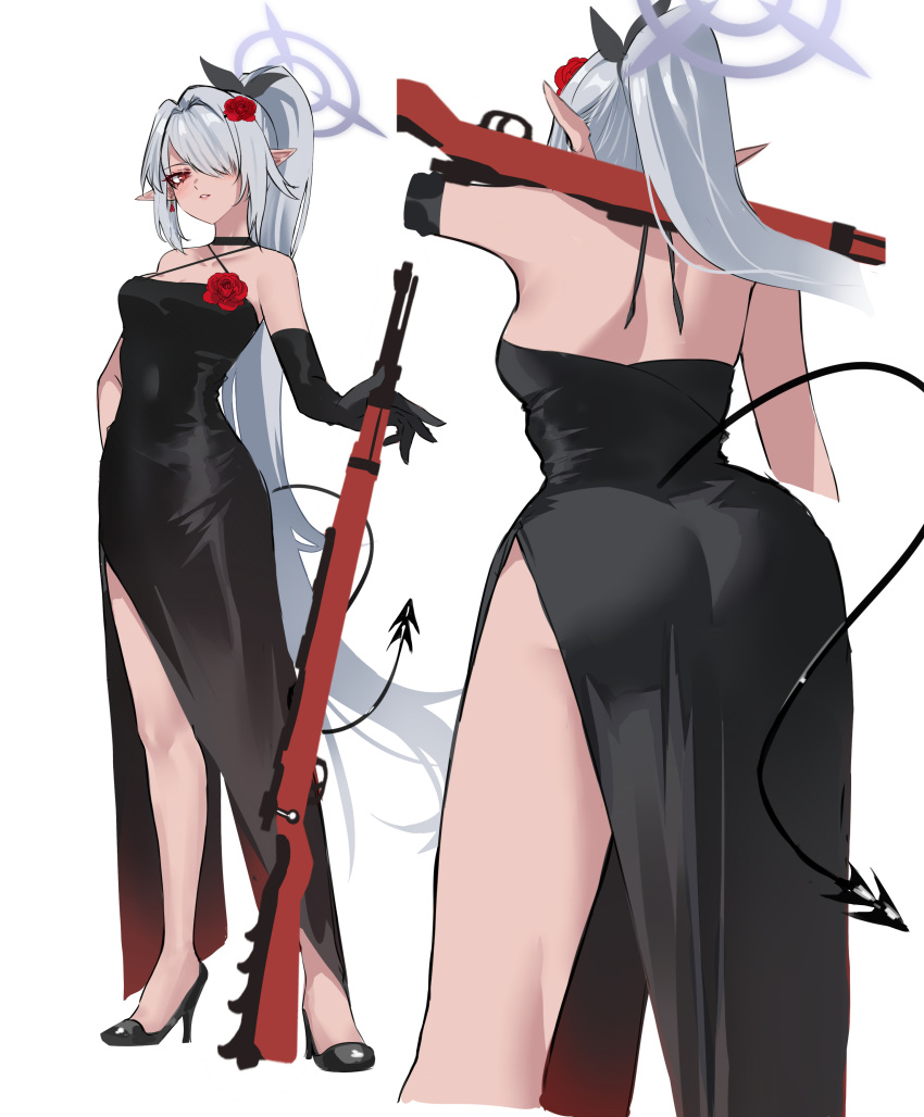 1girl absurdres ass black_dress black_gloves blue_archive breasts criss-cross_halter dress elbow_gloves flower gloves grey_hair gun hair_intakes hair_over_one_eye hair_ribbon halo halterneck high_heels highres holding holding_gun holding_weapon iori_(blue_archive) long_hair medium_breasts multiple_views parted_lips pointy_ears ponytail red_eyes red_flower ribbon rifle shigure_s simple_background standing very_long_hair weapon white_background