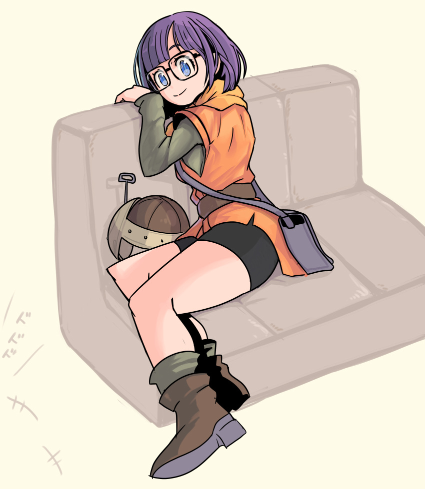 1girl absurdres bag belt bike_shorts blue_eyes boots chrono_trigger closed_mouth couch full_body glasses helmet highres looking_at_viewer lucca_ashtear okera purple_hair short_hair shoulder_bag sitting smile solo white_background