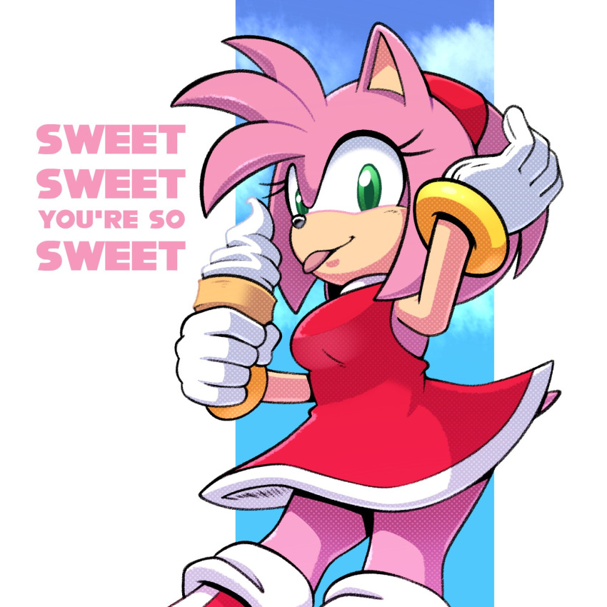 1girl amy_rose boots dress eyelashes food gloves green_eyes headband hedgehog highres holding holding_hair hyoumaru ice_cream jewelry looking_at_viewer pink_fur red_dress red_headband ring smile solo sonic_(series) thighs tongue tongue_out