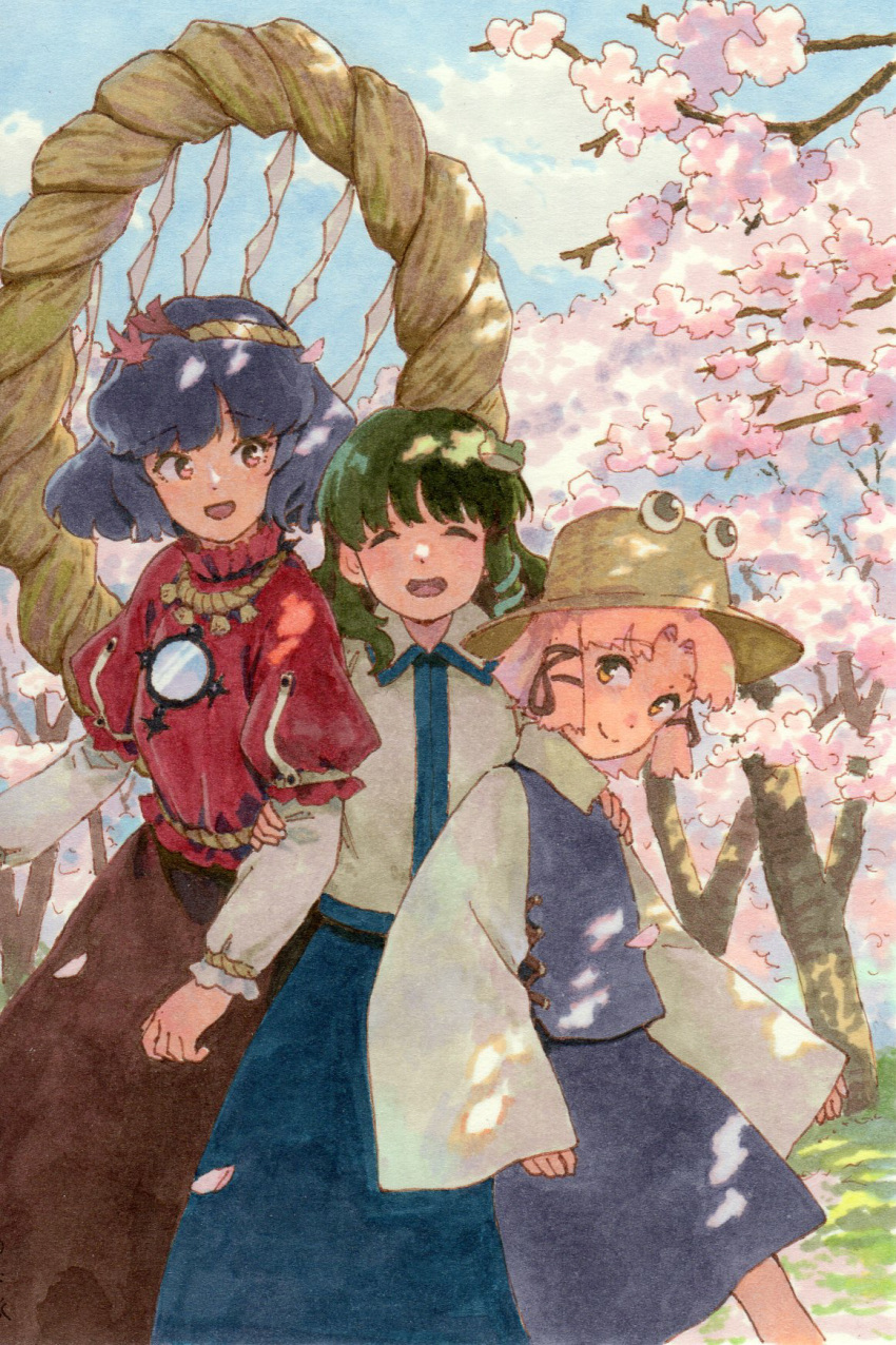 3girls :d arm_grab black_skirt blonde_hair blue_skirt blue_sky cherry_blossoms closed_eyes closed_mouth cloud collared_shirt commentary_request cowboy_shot falling_petals frog_hair_ornament grass green_hair hair_ornament hair_ribbon hand_on_another's_shoulder highres kochiya_sanae layered_sleeves leaf leaf_hair_ornament long_skirt long_sleeves looking_at_another maple_leaf marker_(medium) medium_hair medium_skirt mirror moriya_suwako multiple_girls open_mouth outdoors petals purple_hair purple_vest red_eyes red_shirt ribbon rope shide shimenawa shiratama_(hockey) shirt short_hair short_over_long_sleeves short_sleeves signature skirt sky smile snake_hair_ornament standing touhou traditional_media turtleneck vest white_shirt wide_sleeves yasaka_kanako yellow_eyes