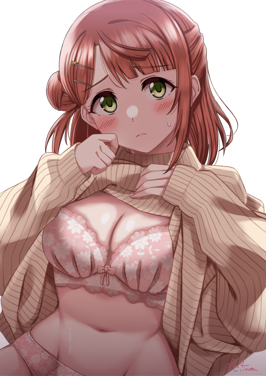 1girl absurdres blunt_bangs bra breasts brown_sweater cleavage closed_mouth commentary_request floral_print frown furrowed_brow green_eyes groin hair_bun hair_ornament hairclip half_updo highres lifted_by_self long_sleeves looking_at_viewer love_live! love_live!_nijigasaki_high_school_idol_club medium_breasts midriff navel panties pink_bra pink_panties red_hair rinon42600 short_hair signature single_side_bun single_sidelock solo sweat sweater uehara_ayumu underwear upper_body white_background