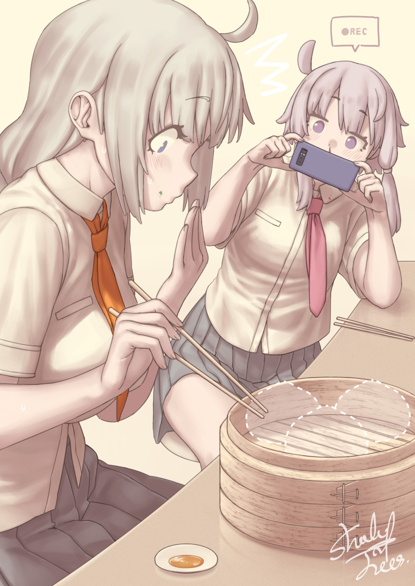 2girls ^^^ absurdres alternate_costume bamboo_steamer baozi blood blush breasts chopsticks closed_mouth collared_shirt dotted_line dress_shirt food food_on_face from_side grey_hair grey_skirt hand_to_own_mouth hand_up highres holding holding_chopsticks holding_phone kizuna_akari large_breasts leaning_to_the_side long_hair looking_down multiple_girls necktie nosebleed on_stool orange_necktie phone pink_necktie pleated_skirt profile purple_eyes recording reflective_table school_uniform shade_of_trees shirt short_hair_with_long_locks short_sleeves signature simple_background sitting skirt small_breasts voiceroid white_shirt yuzuki_yukari