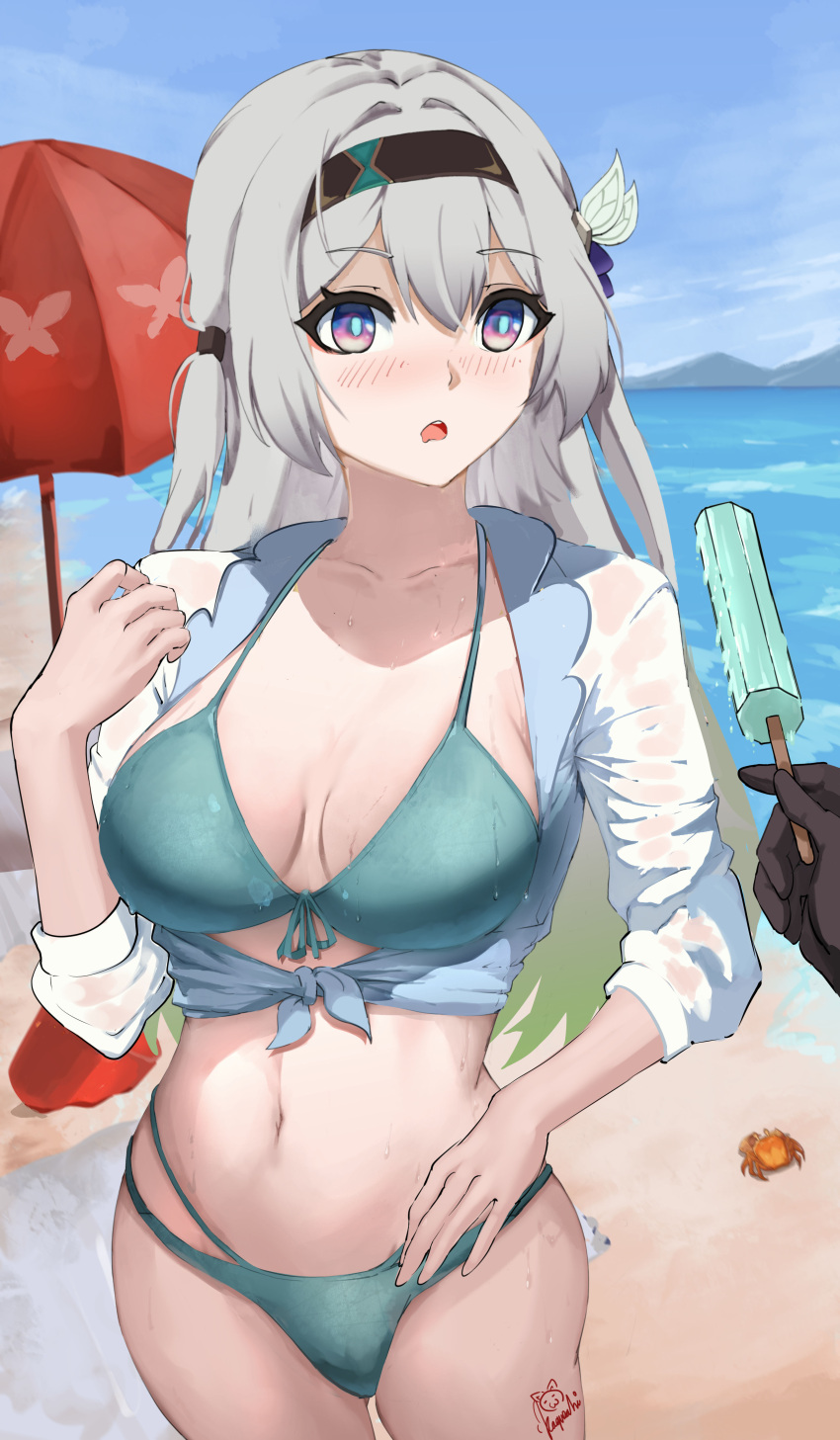 1girl 1other absurdres aqua_bikini beach beach_umbrella bikini black_hairband blue_sky blush breasts commentary cowboy_shot crab day english_commentary firefly_(honkai:_star_rail) grey_hair hairband hand_up highres honkai:_star_rail honkai_(series) kagurachi large_breasts long_hair navel purple_eyes red_umbrella shirt sky solo_focus standing stomach swimsuit thighs tied_shirt umbrella very_long_hair white_shirt