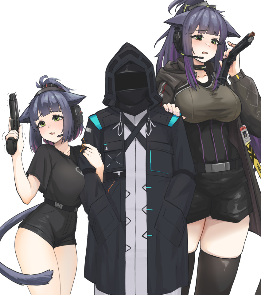 1other 2girls absurdres animal_ears arknights arm_between_breasts between_breasts black_jacket black_shirt black_shorts black_thighhighs breasts brown_shirt cat_ears cat_girl cat_tail commentary doctor_(arknights) english_commentary green_eyes gun hand_on_another's_head hands_in_pockets headphones headset highres holding holding_gun holding_weapon jacket jessica_(arknights) jessica_the_liberated_(arknights) large_breasts locked_arms long_sleeves medium_breasts multiple_girls open_clothes open_jacket parted_lips ponytail puffy_long_sleeves puffy_sleeves purple_hair radioneet shirt short_shorts shorts simple_background skindentation tail thighhighs trembling weapon weapon_request white_background white_shirt
