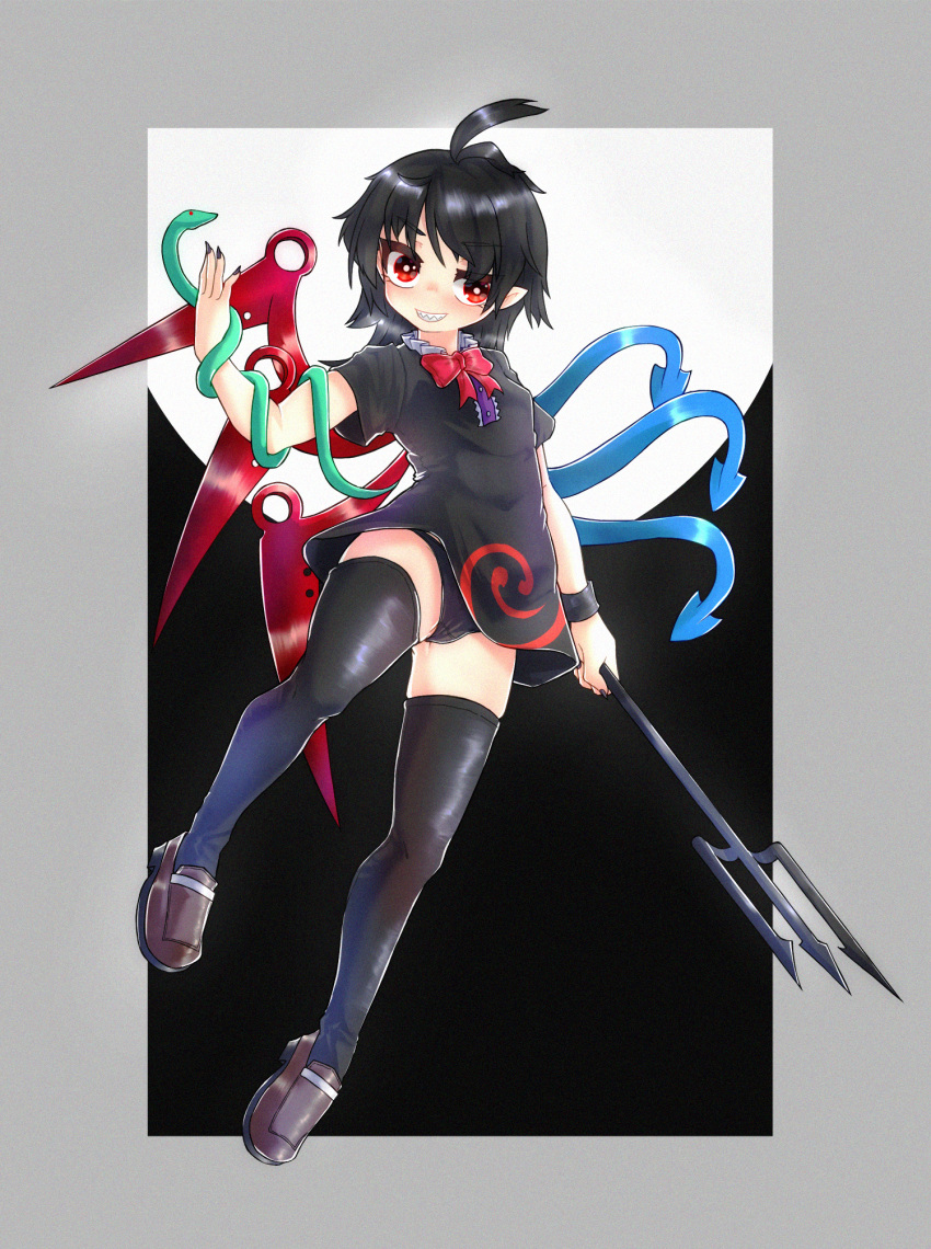 1girl ahoge asymmetrical_wings black_background black_dress black_hair black_nails black_panties black_thighhighs blue_wings blush bow bowtie breasts bright_pupils brown_footwear buttons center_frills commentary_request dress fingernails frills full_body grey_background grin highres holding holding_polearm holding_weapon houjuu_nue loafers looking_at_viewer medium_bangs medium_hair mousoumousoumousou panties pointy_ears polearm red_bow red_bowtie red_eyes red_wings sharp_fingernails sharp_teeth shoes short_dress short_sleeves small_breasts smile snake solo teeth thighhighs tomoe_(symbol) touhou trident underwear weapon white_pupils wings