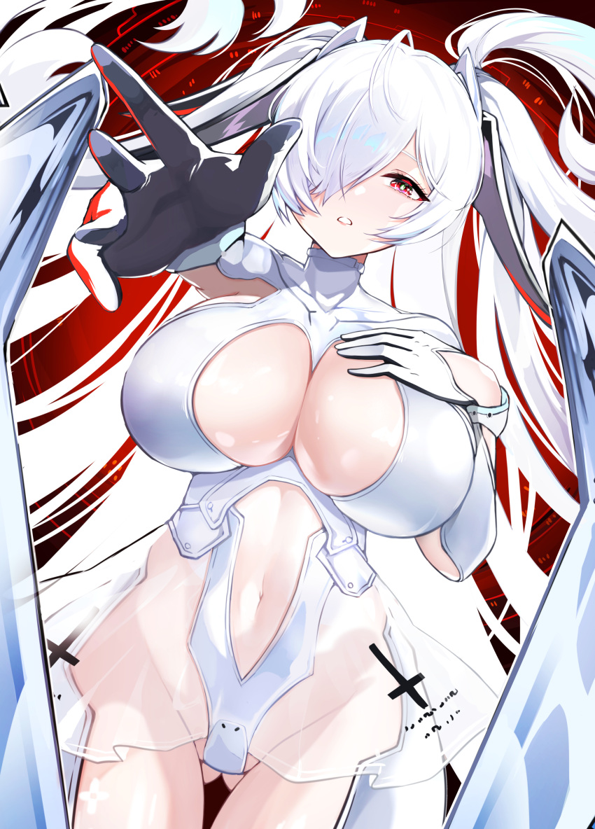 1girl absurdres ass_visible_through_thighs breasts cinderella_(nikke) cleavage gloves goddess_of_victory:_nikke hair_over_one_eye highres large_breasts long_hair looking_at_viewer navel parted_lips reaching reaching_towards_viewer red_eyes see-through solo variant_set white_gloves white_hair yuruto