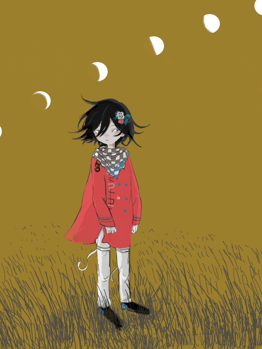 1boy alternate_costume black_hair blush brown_background buttons closed_mouth crescent_moon danganronpa_(series) danganronpa_v3:_killing_harmony double-breasted flower grass hair_flower hair_ornament highres jacket medium_hair moon oma_kokichi pants red_jacket rowa_(medamayakiutyuzin) shoes short_hair solo standing white_flower