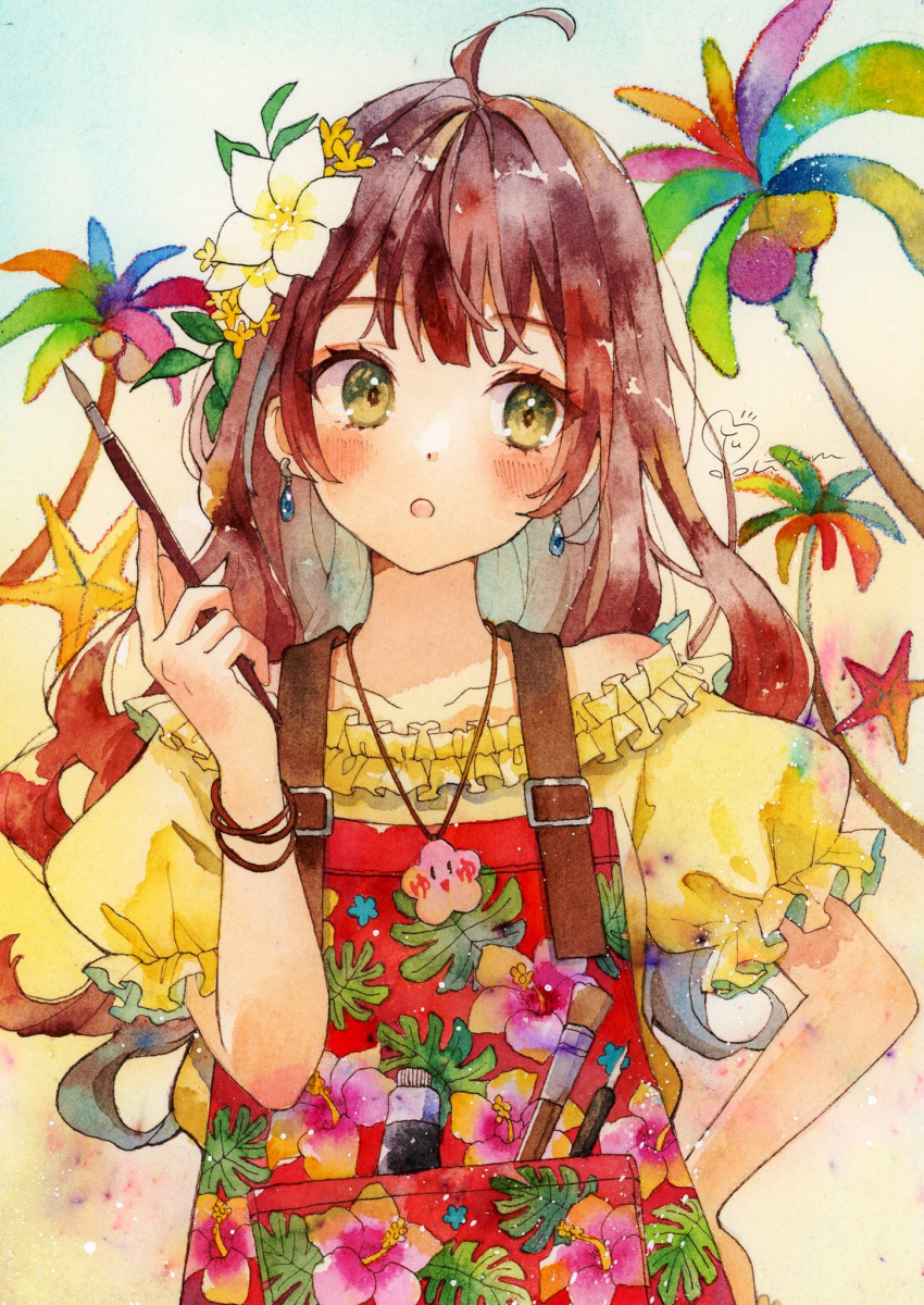 1girl :o ahoge blush bracelet brown_hair collarbone commentary cowboy_shot dot_nose earrings flower frilled_shirt frills green_eyes hair_flower hair_ornament hand_on_own_hip hand_up head_tilt highres holding holding_paintbrush jewelry long_bangs long_hair looking_to_the_side off-shoulder_shirt off_shoulder open_mouth original overalls paintbrush painting_(medium) palm_tree puffy_short_sleeves puffy_sleeves red_overalls shirt short_sleeves solo symbol-only_commentary traditional_media tree watercolor_(medium) white_flower yellow_shirt yuyuharu_1027