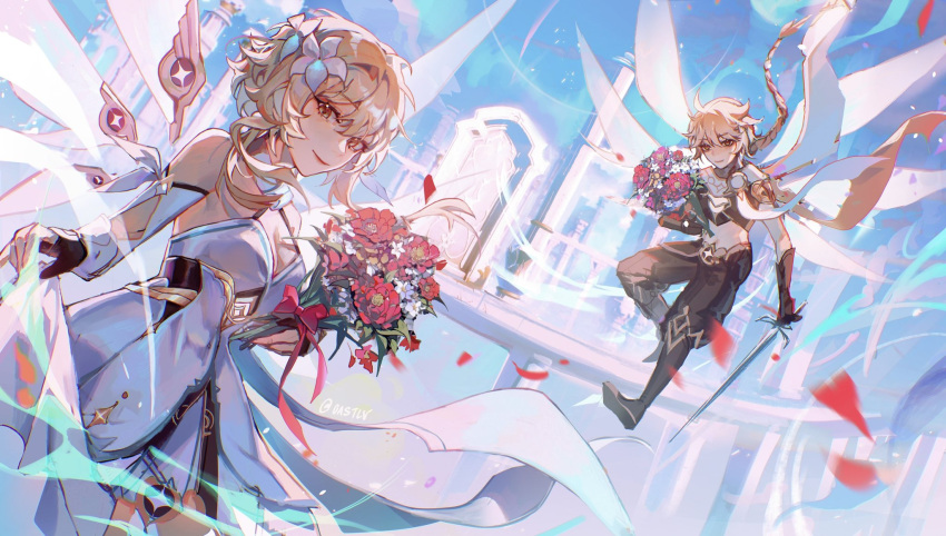 1boy 1girl aether_(genshin_impact) ahoge arm_armor armor baggy_pants bare_shoulders black_gloves blonde_hair blue_sky boots bouquet braid brother_and_sister brown_eyes brown_footwear brown_pants brown_shirt closed_mouth day detached_sleeves dress feather_hair_ornament feathers fingerless_gloves flower flying genshin_impact gloves gold_trim hair_between_eyes hair_flower hair_ornament hand_up hands_up highres holding holding_bouquet holding_sword holding_weapon long_hair long_sleeves looking_at_viewer lumine_(genshin_impact) mechanical_wings oastlv orange_flower outdoors pants petals pink_flower purple_flower red_eyes scarf shirt short_hair short_sleeves shoulder_armor siblings sidelocks sky smile standing star_(symbol) sword weapon white_dress white_flower white_scarf wings