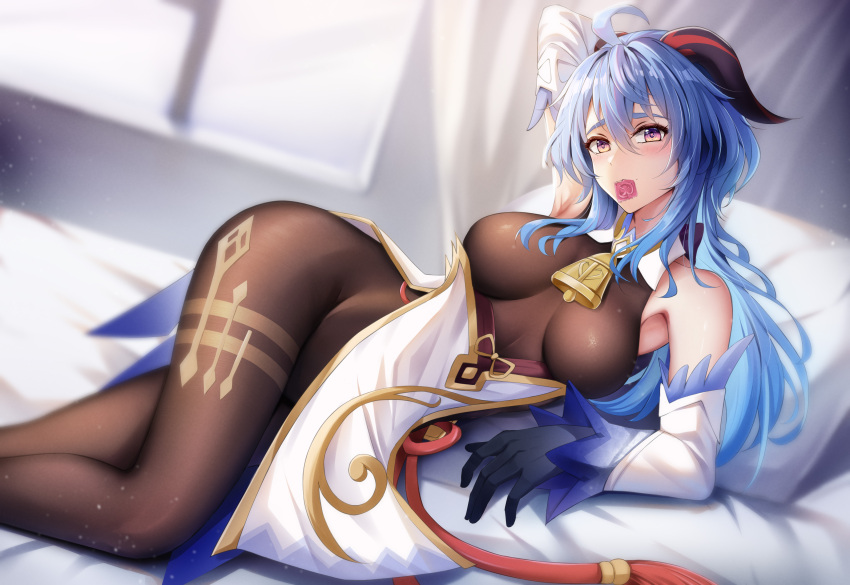 1girl ahoge bare_shoulders bed bed_sheet bedroom bell black_gloves blue_hair blush breasts condom condom_in_mouth detached_sleeves ganyu_(genshin_impact) genshin_impact gloves goat_horns highres horns indoors long_hair looking_at_viewer lying medium_breasts miss mouth_hold neck_bell on_bed pillow sidelocks solo