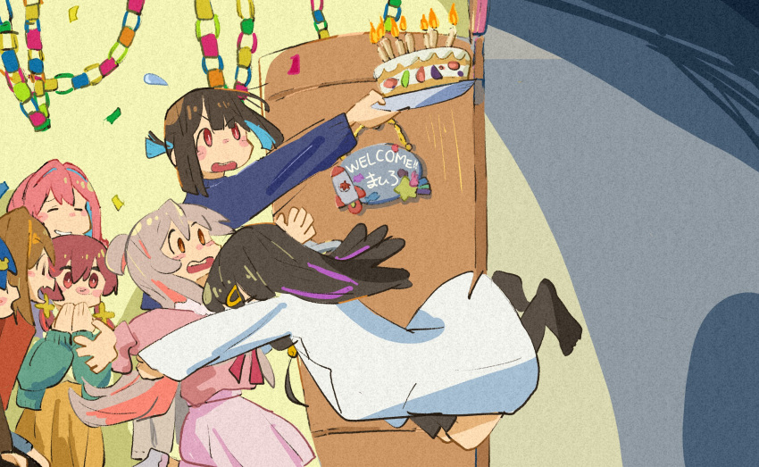 6+girls =_= ahoge birthday_cake black_hair black_socks blue_hair blunt_bangs blunt_ends blush_stickers brown_eyes brown_hair cake candle closed_eyes colored_inner_hair commentary confetti covering_own_mouth enosawari fang flying_sweatdrops food from_side glomp grey_hair hair_between_eyes hair_down hair_ornament hairclip highres hozuki_kaede hozuki_momiji hug indoors lab_coat long_hair multicolored_hair multiple_girls murosaki_miyo oka_asahi onii-chan_wa_oshimai! open_door open_mouth orange_hair outstretched_arms oyama_mahiro oyama_mihari paper_chain pink_hair pink_shirt pink_skirt plate purple_hair red_eyes shirt short_hair short_ponytail siblings sisters sitting skin_fang skirt smile socks spread_arms surprised tenkawa_nayuta two-tone_hair very_long_hair |_|