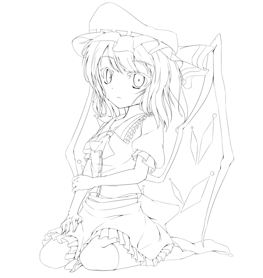 flandre_scarlet greyscale highres lineart looking_at_viewer monochrome santa_(kaisou_hikuutei) solo touhou wings
