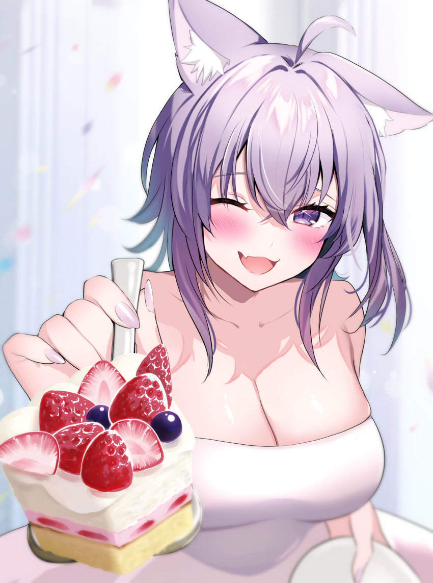 1girl ahoge animal_ear_fluff animal_ears blush breasts cat_ears cat_girl dress fang fork highres holding holding_fork holding_plate hololive large_breasts looking_at_viewer medium_hair nail_polish nekomata_okayu one_eye_closed open_mouth plate purple_eyes purple_hair purple_nails skin_fang smile solo tako_8_yaki virtual_youtuber white_dress