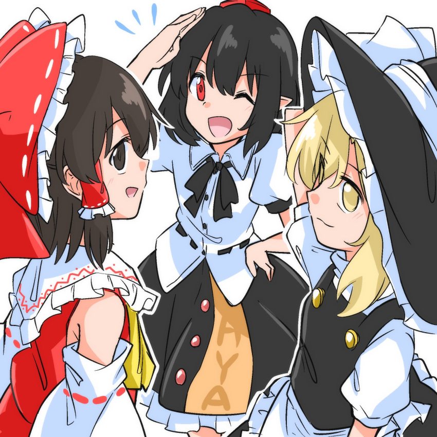 3girls :3 apron ascot bare_shoulders black_hair black_hat black_ribbon black_skirt black_vest blonde_hair bow brown_eyes brown_hair buttons closed_mouth collared_shirt commentary_request detached_sleeves frilled_apron frilled_bow frilled_hair_tubes frilled_skirt frills hair_bow hair_tubes hakurei_reimu hat highres kirisame_marisa long_sleeves medium_hair multiple_girls neck_ribbon one-hour_drawing_challenge open_mouth pointy_ears red_eyes red_hat red_shirt ribbon ribbon-trimmed_sleeves ribbon_trim shameimaru_aya shirt short_hair simple_background skirt tokin_hat touhou vest waist_apron white_apron white_background white_bow white_shirt white_sleeves wide_sleeves witch witch_hat yakousei_no_kame yellow_ascot yellow_eyes