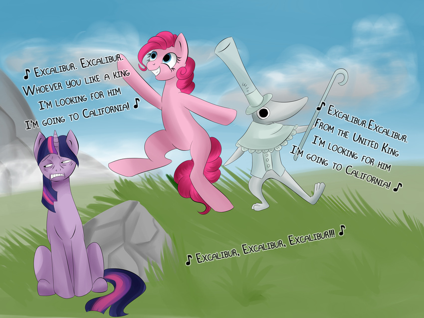 black_eyes blue_eyes cane cringe crossover equine excalibur excalibur_(soul_eater) female feral friendship_is_magic fur grass hair hat horn horse kiel-d-01 male mammal multi-colored_hair my_little_pony outside pink_fur pink_hair pinkie_pie_(mlp) pony purple_fur purple_hair rock singing soul_eater twilight_sparkle_(mlp) two_tone_hair unicorn video_games