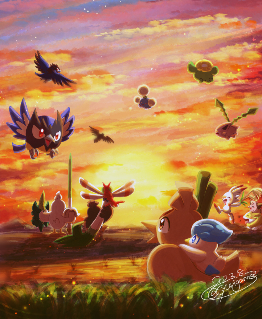 animal_focus bird cleffa cloud corviknight corvisquire facing_away farfetch'd flower flying food galarian_farfetch'd grass highres holding holding_flower holding_food holding_vegetable hoppip jumpluff open_mouth pokemon pokemon_(creature) quaxly red_eyes rookidee scorbunny shuri_(syurigame) signature sirfetch'd skiploom sky spring_onion star_(sky) sunset vegetable yamper yanma