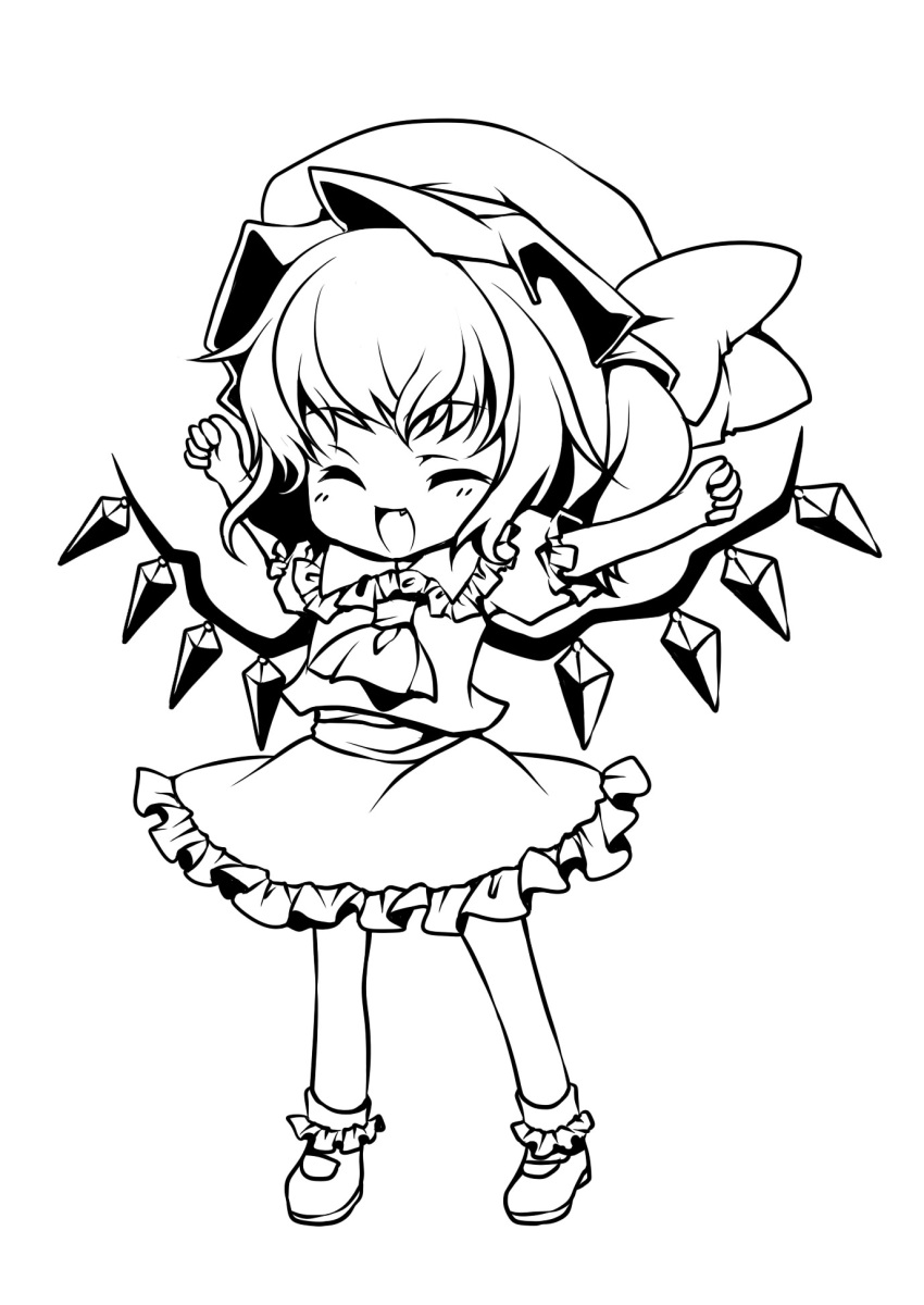 1girl arms_up ascot cheering closed_eyes collared_shirt fang flandre_scarlet frilled_shirt_collar frilled_skirt frilled_socks frills full_body greyscale guildones hat highres mary_janes medium_hair mob_cap monochrome one_side_up open_mouth puffy_short_sleeves puffy_sleeves shirt shoes short_sleeves simple_background skirt socks solo touhou vest wings