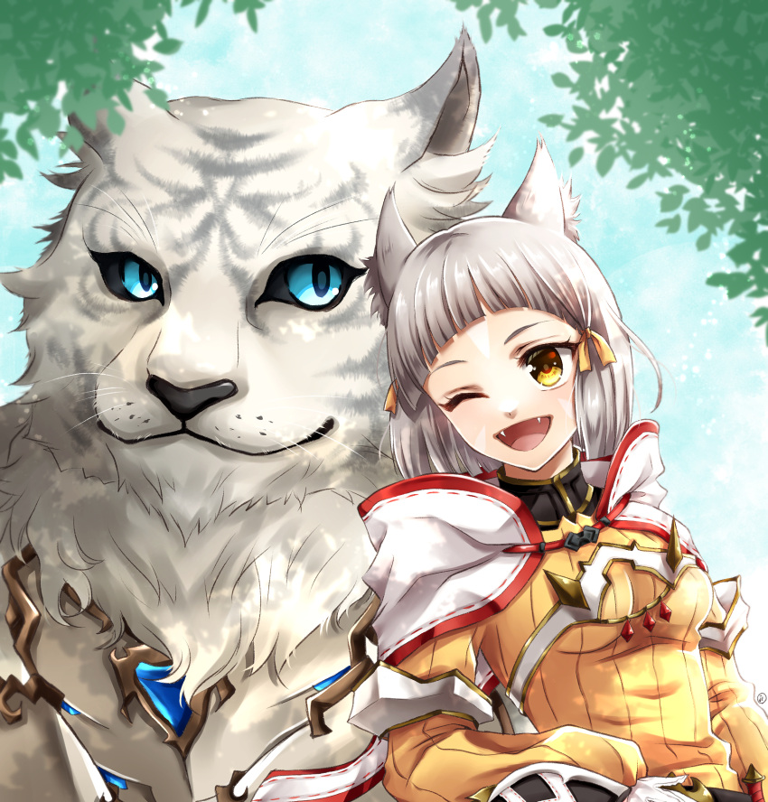 1girl ;d animal_ears blue_eyes blue_sky breasts brown_hair cat_ears cat_girl closed_mouth dromarch_(xenoblade) fangs highres jasumin_cha jumpsuit long_sleeves looking_at_viewer nia_(xenoblade) one_eye_closed open_mouth outdoors short_hair sky small_breasts smile solo tiger tree white_hood xenoblade_chronicles_(series) xenoblade_chronicles_2 yellow_eyes yellow_jumpsuit