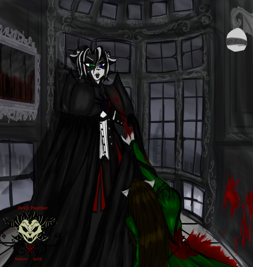 anthro black_and_white_fur black_and_white_hair black_suit_jacket blood blood_on_clothing blood_on_hand blood_splatter bodily_fluids brown_hair cape city city_background clothed clothing detailed_background devilpanther domestic_cat dress duo felid feline felis female fur gore green_clothing green_dress hair heterochromia hi_res humiliation larger_male long_hair male male/female mammal pantherine ramses_devil_(devilpanther) short_hair size_difference white_body white_fur