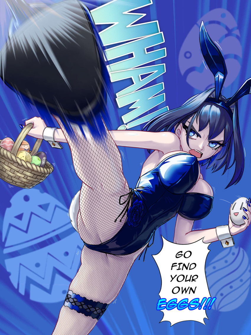 1girl angry animal_ear_hairband animal_ears basket black_hair blue_eyes blue_flower blue_hair blue_leotard blue_nails boros_(ouro_kronii) breasts bridal_garter cahryos colored_inner_hair commentary easter easter_egg egg english_commentary english_text fake_animal_ears fishnet_pantyhose fishnets flower groin hair_intakes hairband high_heels high_kick highleg highleg_leotard highres holding holding_basket holding_egg hololive hololive_english incoming_attack incoming_kick kicking large_breasts leotard looking_at_viewer multicolored_hair nail_polish open_mouth ouro_kronii pantyhose playboy_bunny pumps rabbit_ear_hairband rabbit_ears short_hair shouting side-tie_leotard solo speech_bubble strapless strapless_leotard virtual_youtuber