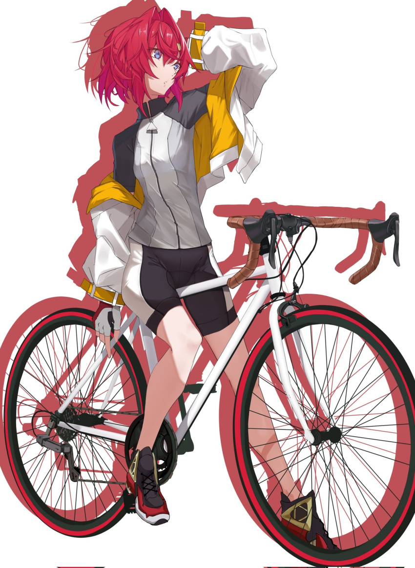 1girl ange_katrina arm_up bike_jersey bike_shorts blue_eyes commentary crossed_bangs drop_shadow fingerless_gloves gloves hair_between_eyes hair_intakes hand_on_own_head high_collar highres ikvugzu5zu51627 jacket looking_afar nijisanji off_shoulder red_hair road_bicycle short_hair solo triangle_hair_ornament virtual_youtuber white_background white_jacket