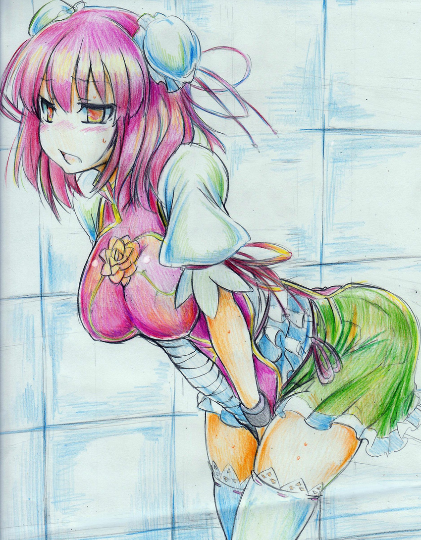 absurdres bent_over blush breasts chinese_clothes colored_pencil_(medium) covering covering_crotch cuffs double_bun embarrassed flower frills have_to_pee highres ibaraki_kasen large_breasts nichibotsu_(kitaziman) ribbon rose short_hair skirt solo tabard thighhighs touhou traditional_media zettai_ryouiki