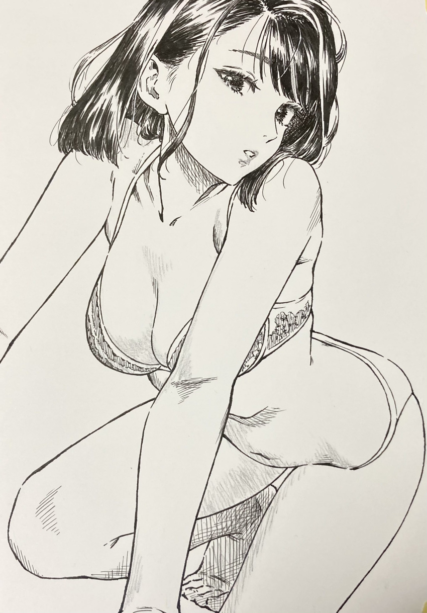 1girl absurdres all_fours bra breasts cleavage collarbone crosshatching hatching_(texture) highres long_hair makki_(tobaccos) medium_hair messy_hair monochrome navel original panties sketch solo stomach toes traditional_media underwear white_background