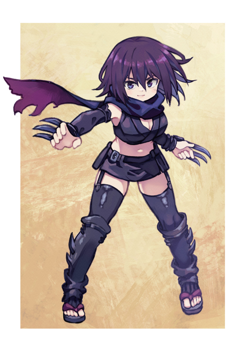 1girl bare_shoulders belt belt_pouch black_belt black_footwear black_shirt black_skirt black_sleeves black_thighhighs blue_eyes boots border breasts brown_background claw_(weapon) cleavage closed_mouth commentary crop_top detached_sleeves floating_scarf full_body garter_straps gendai_ninjakko_zukan hair_between_eyes highres kouno_hikaru kunoichi_tsubaki_no_mune_no_uchi light_smile looking_at_viewer medium_breasts messy_hair midriff miniskirt navel ninja original outside_border pouch purple_hair purple_scarf reaching reaching_towards_viewer sandals scarf shirt short_hair skirt sleeveless sleeveless_shirt smile solo spread_legs thighhighs toes torn_clothes torn_scarf v-shaped_eyebrows washizuka_reina weapon white_border zettai_ryouiki zouri