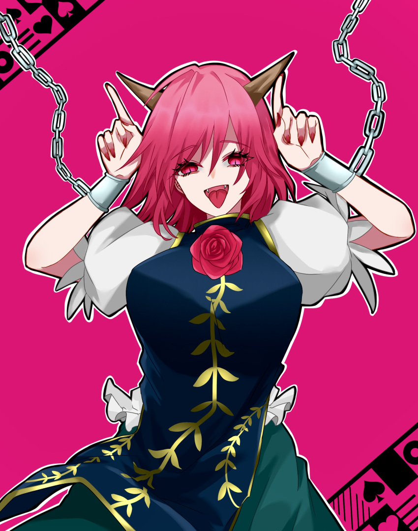 1girl 2dio9gwjal28761 absurdres akatsuki_records breasts cardigan chain commentary cuffs english_commentary fangs fingernails green_skirt highres horns ibaraki_douji's_arm index_finger_raised large_breasts long_fingernails open_mouth pink_background pink_cardigan red_nails shackles shirt short_sleeves simple_background skirt solo tabard tongue tongue_out touhou white_shirt