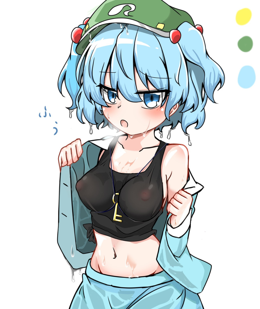 1girl between_breasts black_tank_top blue_eyes blue_hair blue_skirt blush breasts commentary_request covered_nipples cowboy_shot flat_cap hair_between_eyes hair_bobbles hair_ornament hat highres hot jewelry kawashiro_nitori key key_necklace large_breasts long_bangs long_sleeves looking_at_viewer midriff navel necklace no_bra omugiri open_clothes open_mouth open_shirt short_hair short_twintails simple_background skirt skirt_set solo sweat tank_top touhou twintails two_side_up white_background