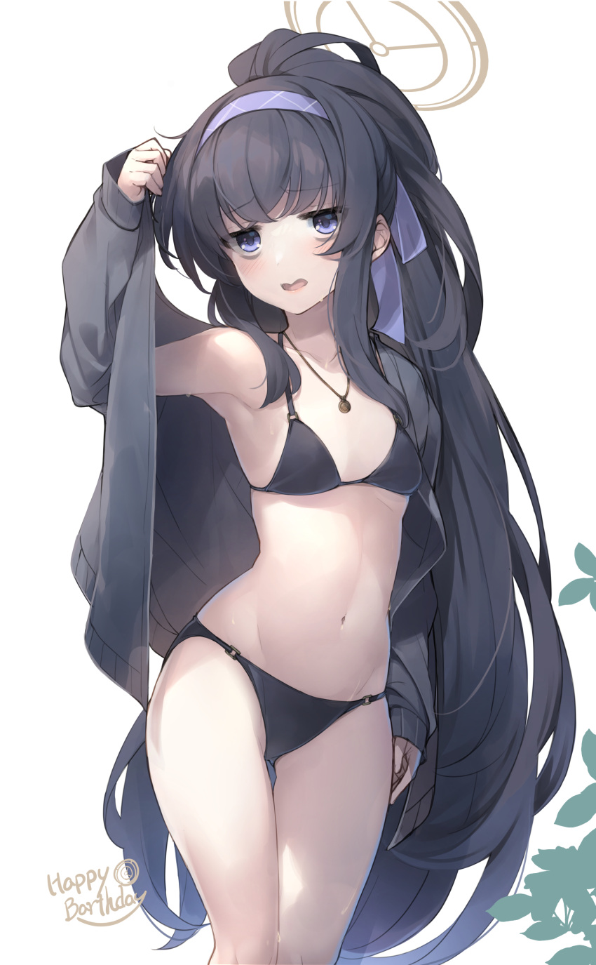 1girl absurdres arm_up armpits bags_under_eyes bare_shoulders bikini black_bikini black_hair blue_archive blush breasts cardigan grey_cardigan grey_jacket hair_between_eyes hairband halo highres jacket jewelry long_hair long_sleeves looking_at_viewer mayusaki_yuu navel necklace o-ring o-ring_bikini o-ring_bottom o-ring_top official_alternate_costume open_cardigan open_clothes open_mouth ponytail purple_hairband simple_background small_breasts solo standing stomach string_bikini swimsuit ui_(blue_archive) ui_(swimsuit)_(blue_archive) very_long_hair white_background yellow_halo