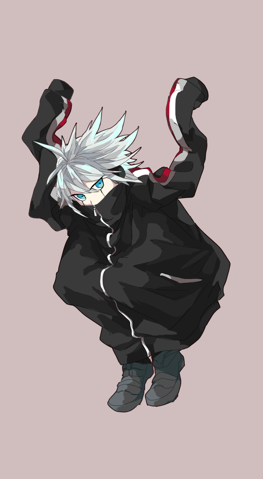 1boy absurdres ahoge alternate_costume black_jacket black_pants brown_background commentary_request covered_mouth curled_up danganronpa_(series) danganronpa_v3:_killing_harmony full_body grey_footwear hair_between_eyes highres hugging_own_legs jacket jersey k1-b0 looking_at_viewer male_focus mi_cha_iru pants shoes short_hair simple_background solo sweatpants turtleneck turtleneck_jacket white_hair zipper zipper_pull_tab