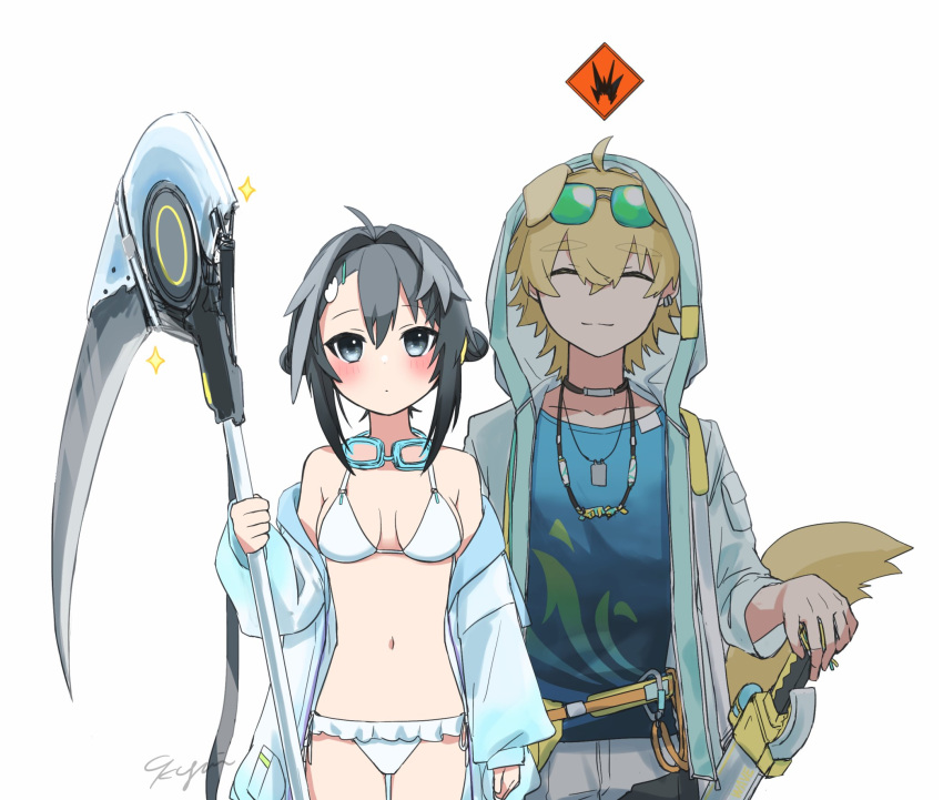 1boy 1girl 9kugai ahoge animal_ears arknights arm_at_side bare_shoulders bikini bird_girl black_eyes black_hair blonde_hair blue_jacket blue_shirt breasts brother_and_sister choker closed_eyes commentary_request cowboy_shot dog_boy dog_ears dog_tail earrings expressionless extra_ears eyewear_on_head facing_viewer false_smile feather_hair gameplay_mechanics goggles goggles_around_neck green-tinted_eyewear grey_jacket hair_intakes hair_ornament hairclip hand_on_weapon hand_up highres holding holding_scythe holding_weapon hood hood_up jacket jacket_over_swimsuit jewelry la_pluma_(arknights) la_pluma_(summer_flowers)_(arknights) light_smile long_sleeves looking_at_viewer multiple_necklaces navel necklace off_shoulder official_alternate_costume open_clothes open_jacket scythe sheath sheathed shirt short_hair siblings side-tie_bikini_bottom simple_background smile sparkle standing step-siblings stomach sunglasses swim_goggles swimsuit tail tequila_(arknights) tinted_eyewear weapon white_background white_bikini