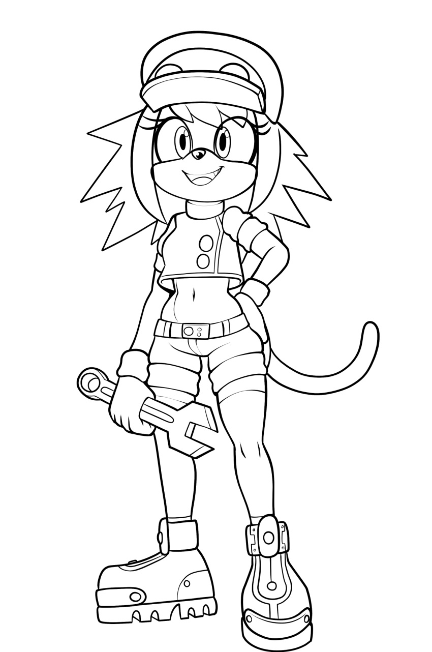 alternate_species anthro bottomwear capcom clothing domestic_cat felid feline felis female fours_(artist) hand_on_hip hat headgear headwear hi_res holding_object holding_tool holding_wrench line_art mammal mega_man_(series) mega_man_legends roll_caskett sega shorts solo sonic_the_hedgehog_(series) tools wrench