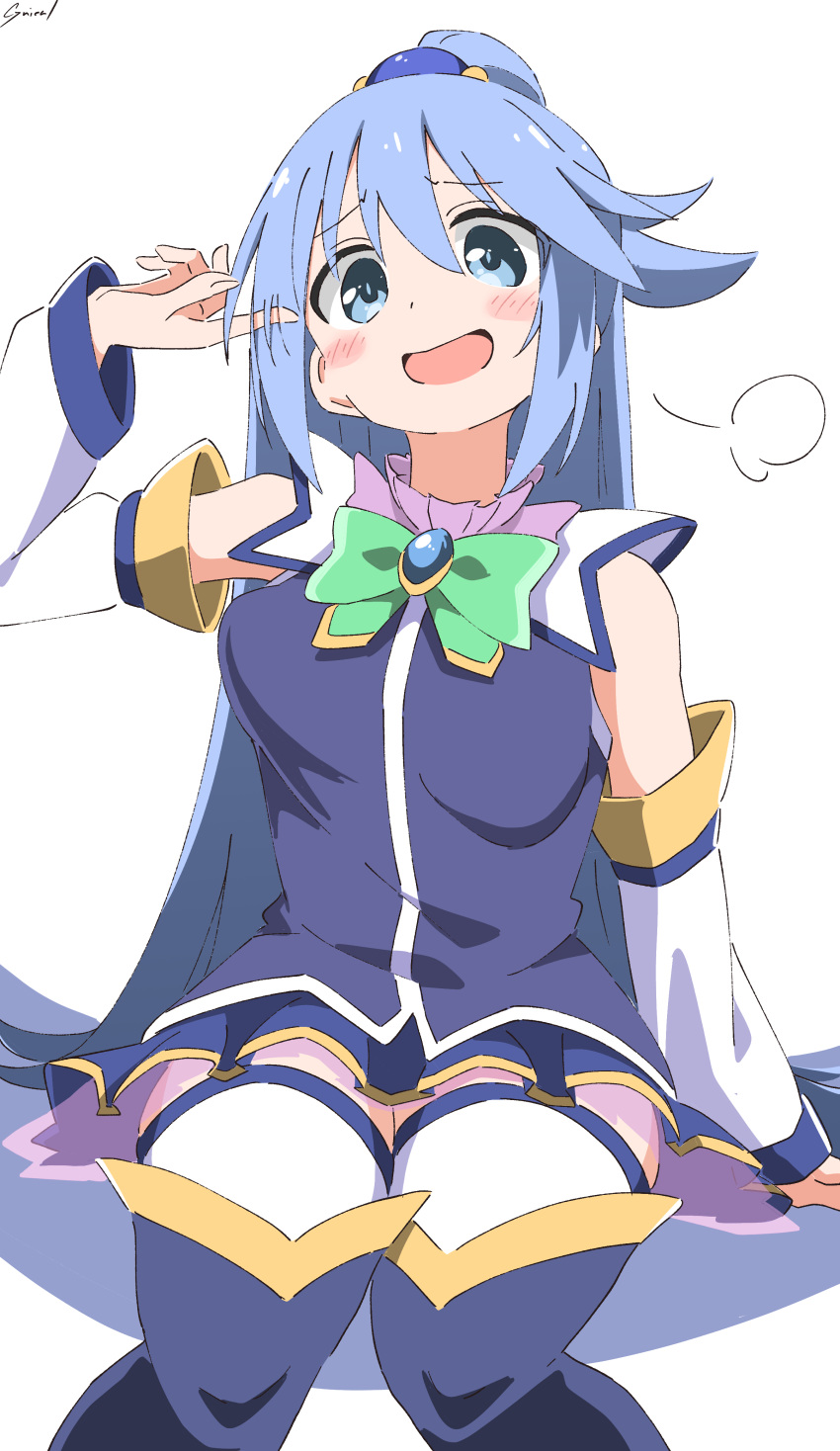 1girl absurdres aqua_(konosuba) bare_shoulders blue_eyes blue_footwear blue_hair blue_shirt blue_skirt blue_thighhighs blush boots bow bowtie breasts cynical_(llcbluckg_c004) detached_sleeves green_bow green_bowtie hair_between_eyes hair_ornament hair_rings highres kono_subarashii_sekai_ni_shukufuku_wo! long_hair looking_at_viewer naughty_face open_mouth shirt simple_background single_hair_ring sitting skirt smile solo thigh_boots thighhighs thighhighs_under_boots