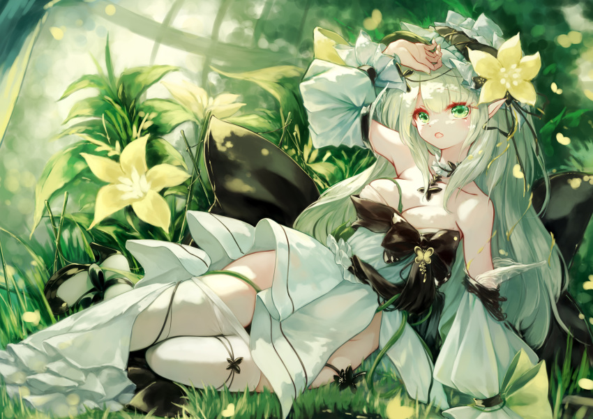 1girl absurdres arm_support breasts cleavage clothes_pull detached_sleeves dress elf flower grass green_eyes green_hair hair_flower hair_ornament high_heels highres long_hair medium_breasts open_mouth original pantyhose pantyhose_pull plant pointy_ears seelehan solo strapless strapless_dress white_dress white_pantyhose