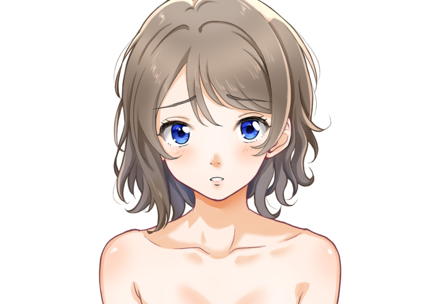 1girl bare_shoulders blue_eyes blush brown_hair collarbone commentary hair_intakes looking_at_viewer love_live! love_live!_sunshine!! messy_hair parted_lips raised_eyebrows short_hair simple_background solo straight-on umikamome_(pixiv40804077) upper_body watanabe_you white_background