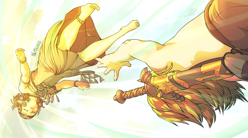1boy 1girl absurdres anklet armlet blonde_hair bracelet brown_hair closed_eyes dress earrings falling highres jewelry madras_(anothermadras) master_sword pointy_ears princess_zelda reaching short_hair strapless strapless_dress the_legend_of_zelda the_legend_of_zelda:_tears_of_the_kingdom topless_male unconscious white_dress