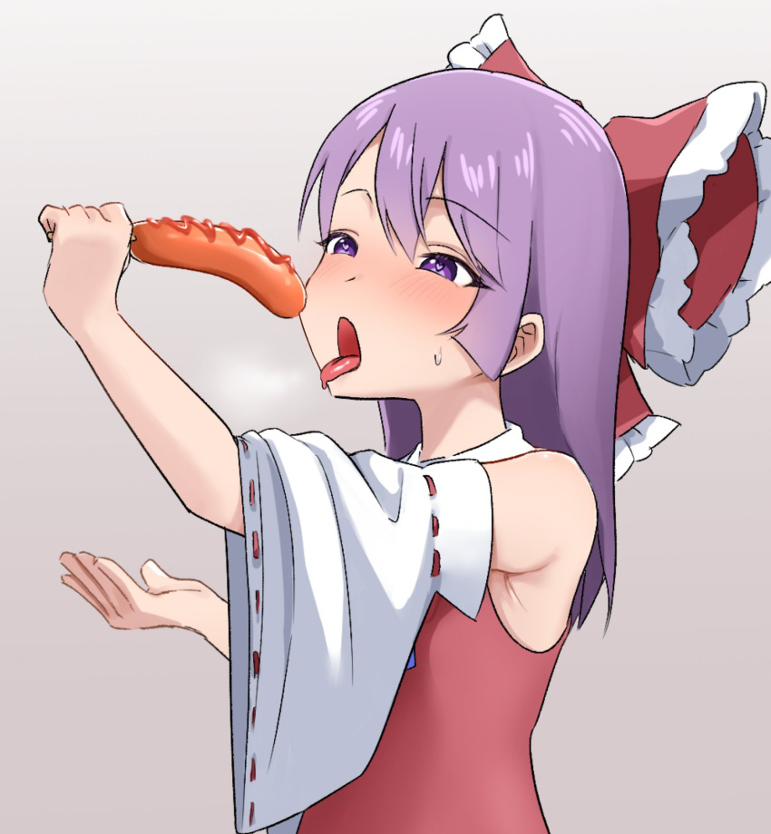 1other androgynous blush bow commentary_request cookie_(touhou) detached_sleeves fellatio frilled_bow frills grey_background hakurei_reimu heart heart-shaped_pupils highres hot_dog ketchup long_hair medium_bangs mugi_(cookie) open_mouth oral other_focus pura_(aiueo256375) purple_eyes purple_hair red_bow red_shirt ribbon-trimmed_sleeves ribbon_trim sexually_suggestive shirt simulated_fellatio sleeveless sleeveless_shirt solo symbol-shaped_pupils touhou upper_body white_sleeves wide_sleeves