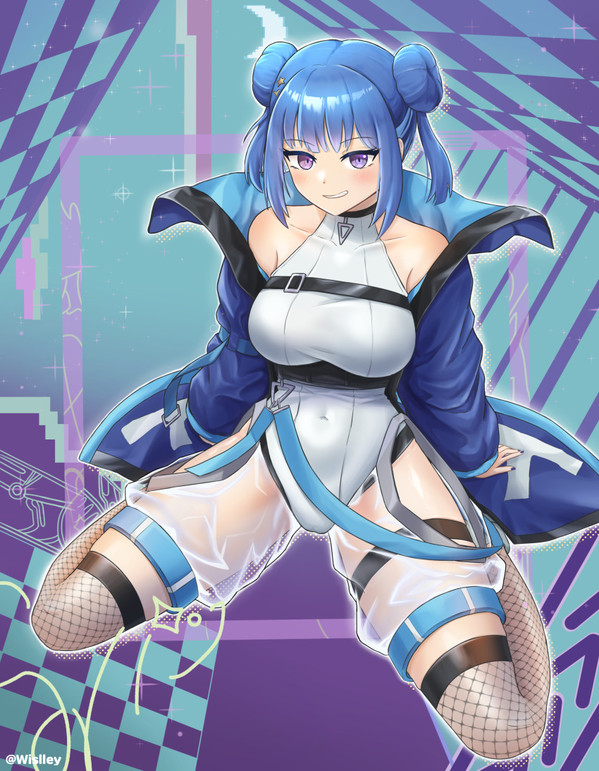 1girl absurdres bare_shoulders blue_hair covered_navel double_bun duel_monster evil_twin_lil-la fishnet_thighhighs fishnets grin hair_bun highres jacket leotard lil-la_(yu-gi-oh!) official_alternate_costume open_clothes open_jacket purple_eyes sitting smile solo thighhighs wariza wiselley yu-gi-oh!
