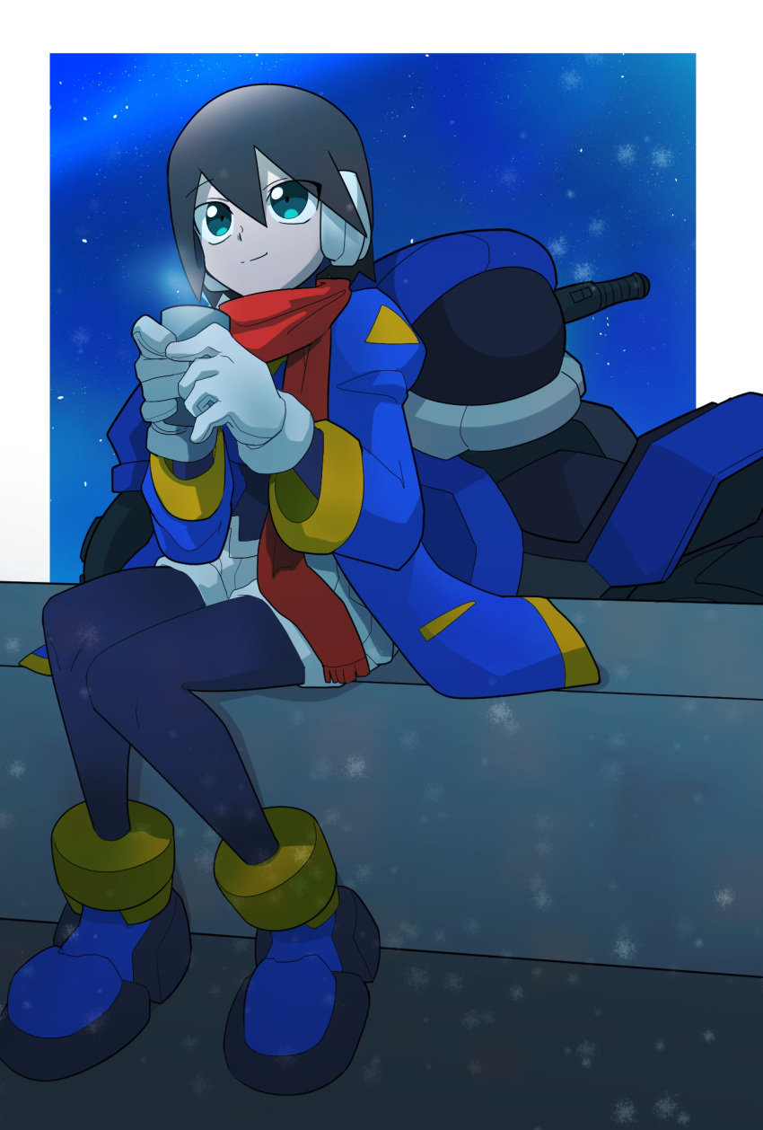 aile_(mega_man_zx) black_bodysuit blue_coat blue_footwear blue_jacket bodysuit bodysuit_under_clothes brown_hair coat cropped_jacket cup full_body gloves highres holding holding_cup jacket mega_man_(series) mega_man_zx motor_vehicle motorcycle night official_alternate_costume omeehayo red_scarf robot_ears scarf shorts sitting snowing white_gloves white_shorts