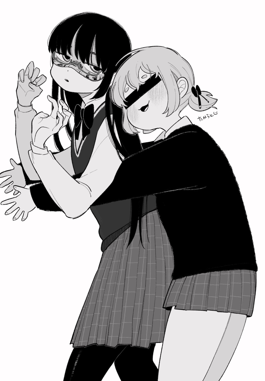 2girls :3 absurdres affectionate aruko_okara bar_censor blush bow bowtie censored collared_shirt covered_eyes domino_mask feet_out_of_frame from_side glasses greyscale half-closed_eyes hands_up head_tilt highres hug hug_from_behind identity_censor indie_virtual_youtuber long_hair long_sleeves looking_at_viewer looking_to_the_side low_twintails mask monochrome multiple_girls open_mouth outstretched_arms pantyhose pleated_skirt shirt short_hair short_twintails skirt smile standing sweater sweater_vest takara_toji tokumei_radio twintails virtual_youtuber zanko