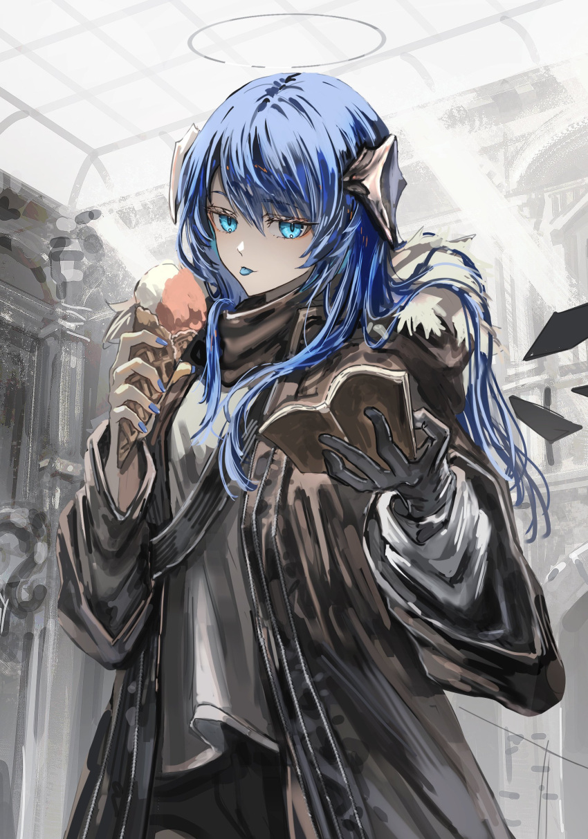 1girl absurdres black_gloves blue_eyes blue_hair blue_nails blue_tongue book brown_coat brown_scarf coat colored_tongue cowboy_shot eating food fur-trimmed_hood fur_trim gawako gloves halo highres holding hood horns ice_cream ice_cream_cone indoors light_rays long_hair looking_at_viewer nail_polish open_book original pillar scarf shirt single_glove solo standing tongue tongue_out white_shirt wide_sleeves