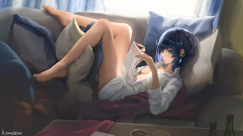 1girl absurdres bare_legs barefoot blue_hair breasts commentary earrings genshin_impact green_eyes highres holding indoors jewelry kemeleon no_pants pillow shirt short_hair small_breasts solo white_shirt yelan_(genshin_impact)