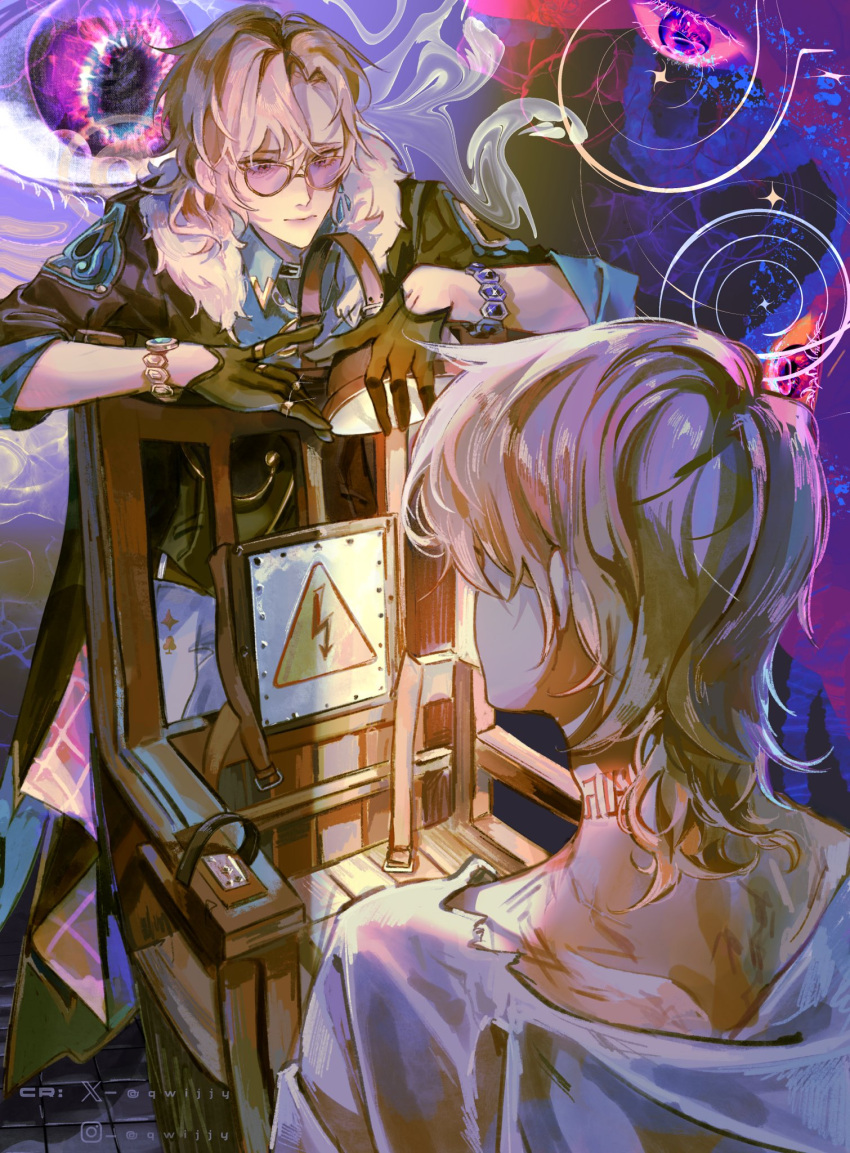 2boys almusshh aqua_shirt aventurine_(honkai:_star_rail) black_gloves blonde_hair chair collared_shirt electric_chair fur_trim gloves hair_between_eyes highres honkai:_star_rail honkai_(series) jewelry male_focus multiple_boys neck_tattoo shirt short_hair tattoo tinted_eyewear torn_clothes torn_shirt watch wristwatch