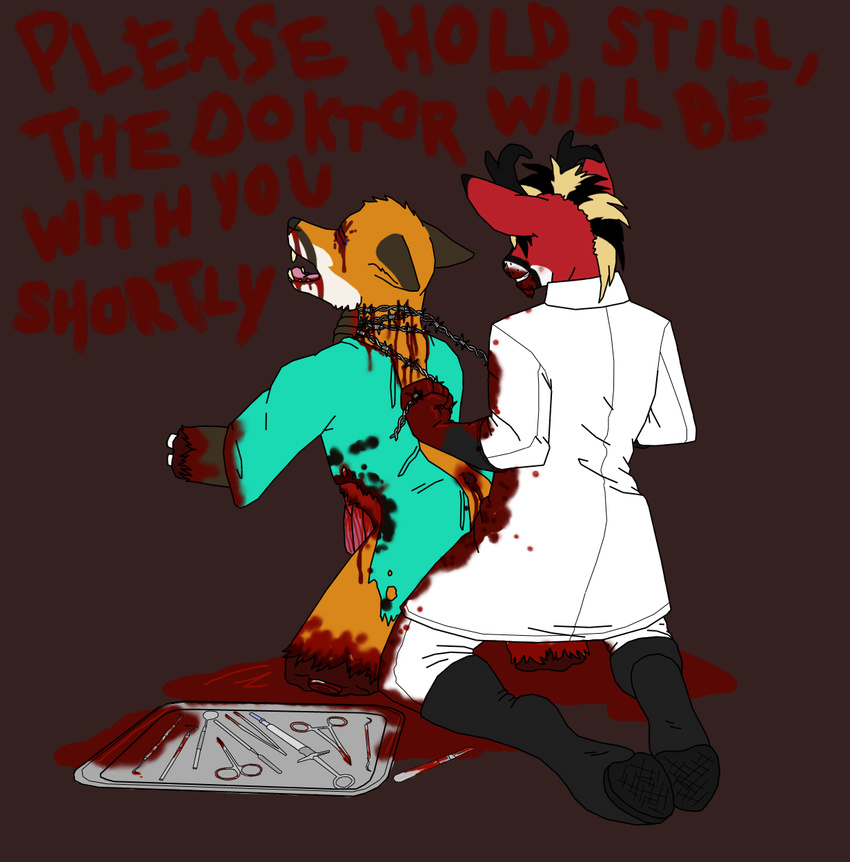 amputation asphyxiation barbs blonde_hair blood boots canine cervine death deer dismemberment doctor doktor_sweetheart fox gloves gore guts hair invalid_color medical mohawk necropsy penis roe_deer surgeon surgical tools torture wire